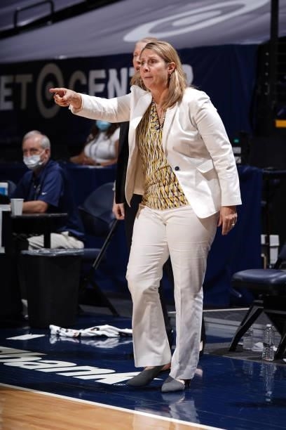 Head Coach, Cheryl Reeve of the Minnesota Lynx signals to her team during the game against the Las Vegas Aces on June 25, 2021 at Target Center in...