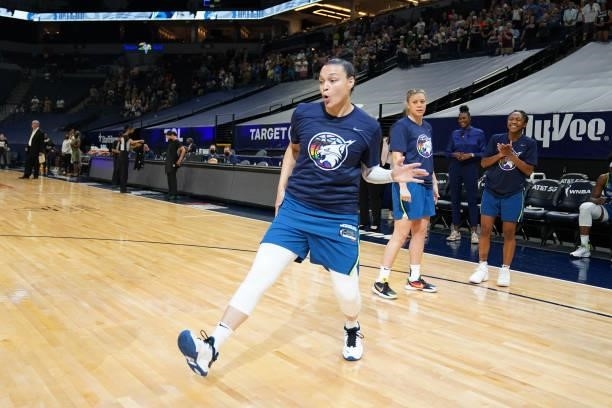 Kayla McBride of the Minnesota Lynx gets pumped before the game against the Las Vegas Aces on June 25, 2021 at Target Center in Minneapolis,...