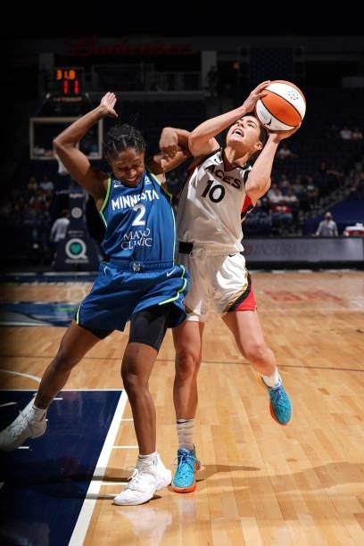 Kelsey Plum of the Las Vegas Aces drives to the basket against the Minnesota Lynx on June 25, 2021 at Target Center in Minneapolis, Minnesota. NOTE...
