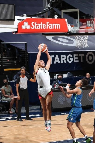 Dearica Hamby of the Las Vegas Aces grabs the rebound against the Minnesota Lynx on June 25, 2021 at Target Center in Minneapolis, Minnesota. NOTE TO...