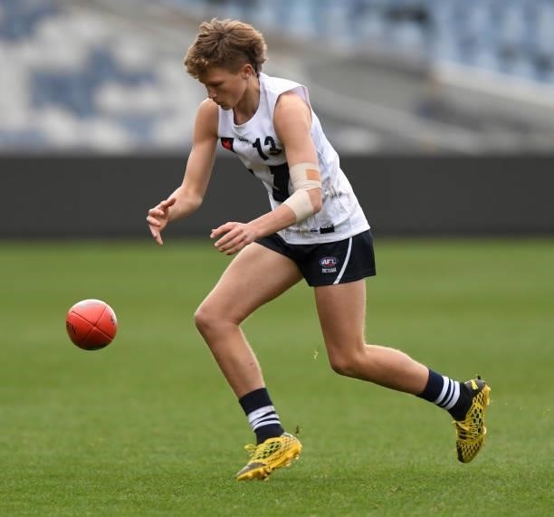 Vincent Huf of Vic Country reaches for the ball during the U17 Championships match between Vic Country and Vic Metro at GMHBA Stadium on June 26,...