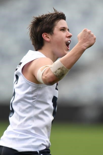 Noah Long of Vic Country celebrates kicking a goal during the U17 Championships match between Vic Country and Vic Metro at GMHBA Stadium on June 26,...