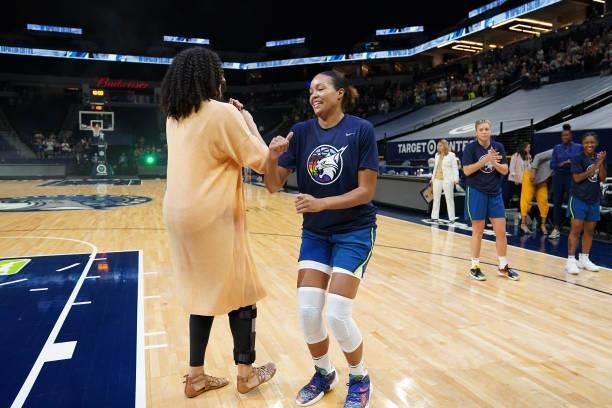 Napheesa Collier of the Minnesota Lynx gets pumped before the game against the Las Vegas Aces on June 25, 2021 at Target Center in Minneapolis,...