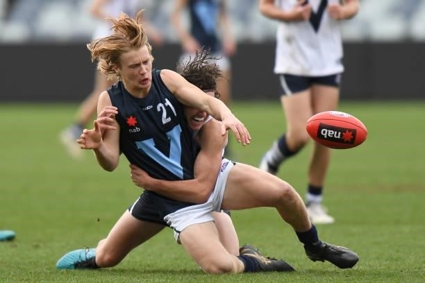 Mitch Szybkowski of Vic Country tackles Cam Mackenzie of Vic Metro during the U17 Championships match between Vic Country and Vic Metro at GMHBA...