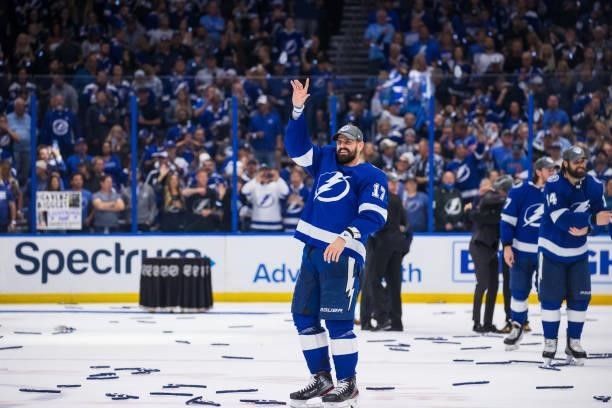 Alex Killorn of the Tampa Bay Lightning celebrates the game and series win against the New York Islanders in Game Seven of the Stanley Cup Semifinals...