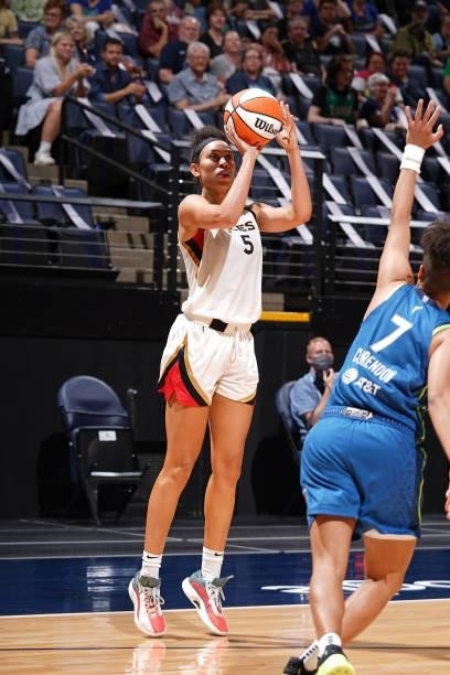 Dearica Hamby of the Las Vegas Aces shoots the ball against the Minnesota Lynx on June 25, 2021 at Target Center in Minneapolis, Minnesota. NOTE TO...