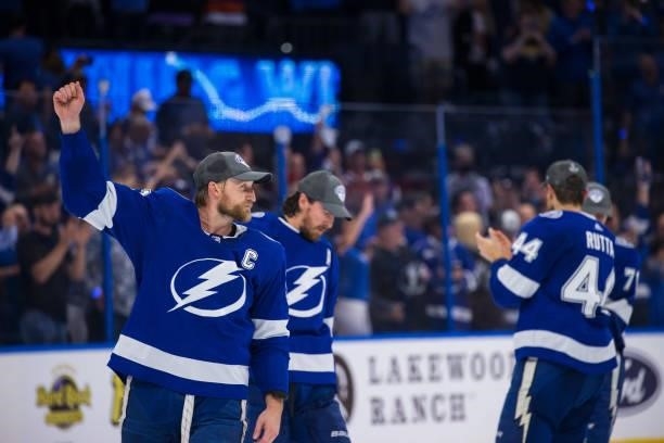 Steven Stamkos of the Tampa Bay Lightning celebrates the game and series win against the New York Islanders in Game Seven of the Stanley Cup...