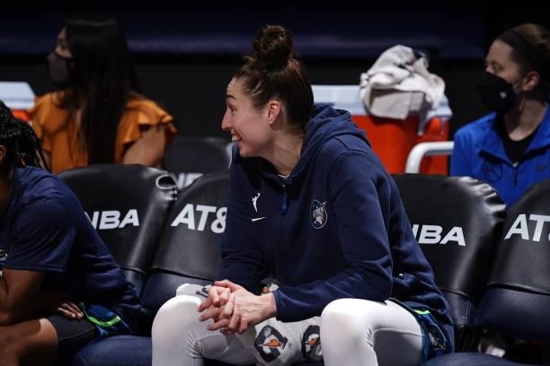 Jessica Shepard of the Minnesota Lynx smiles before the game against the Las Vegas Aces on June 25, 2021 at Target Center in Minneapolis, Minnesota....