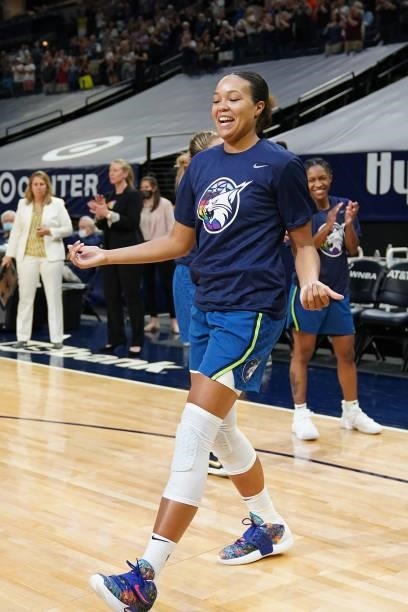 Napheesa Collier of the Minnesota Lynx gets pumped before the game against the Las Vegas Aces on June 25, 2021 at Target Center in Minneapolis,...