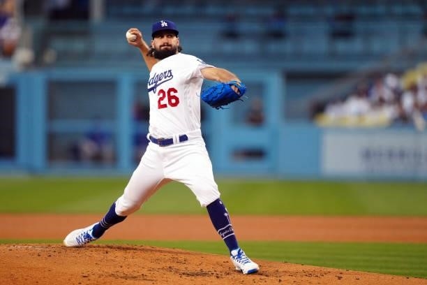 Tony Gonsolin of the Los Angeles Dodgers pitches during the game between the Chicago Cubs and the Los Angeles Dodgers at Dodgers Stadium on Friday,...