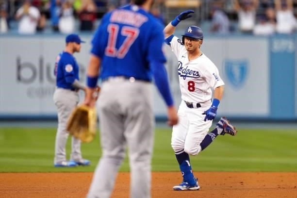 Zach McKinstry of the Los Angeles Dodgers celebrates after hitting a home run during the game between the Chicago Cubs and the Los Angeles Dodgers at...