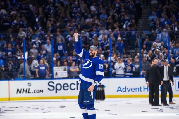 Alex Killorn of the Tampa Bay Lightning celebrates the game and series win against the New York Islanders in Game Seven of the Stanley Cup Semifinals...
