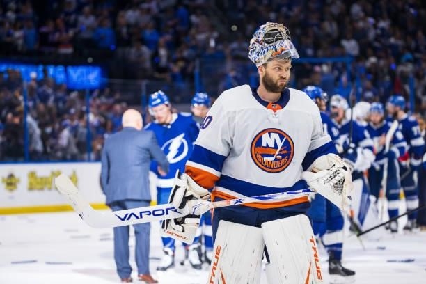 Goalie Semyon Varlamov of the New York Islanders reacts to the loss in Game Seven of the Stanley Cup Semifinals of the 2021 Stanley Cup Playoffs at...