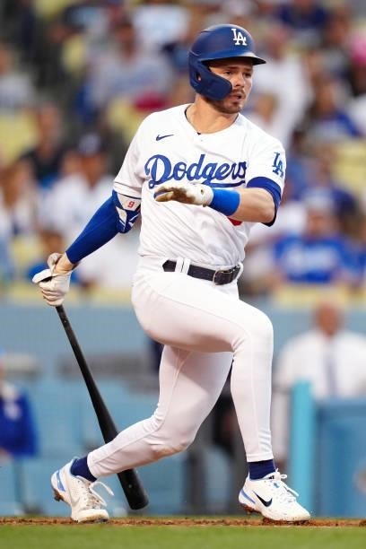 Gavin Lux of the Los Angeles Dodgers bats in a run during the game between the Chicago Cubs and the Los Angeles Dodgers at Dodgers Stadium on Friday,...