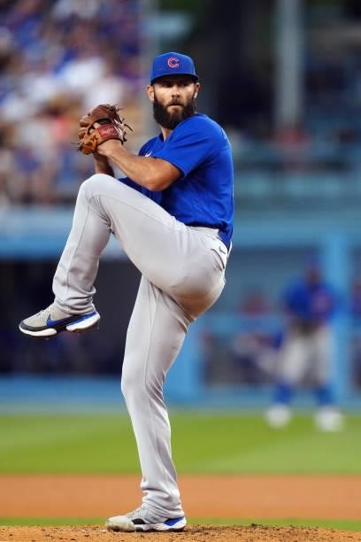 Jake Arrieta of the Chicago Cubs pitches during the game between the Chicago Cubs and the Los Angeles Dodgers at Dodgers Stadium on Friday, June 25,...