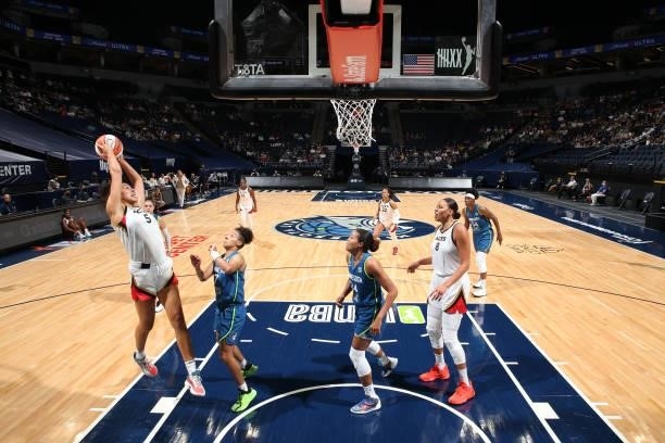 Dearica Hamby of the Las Vegas Aces grabs the rebound against the Minnesota Lynx on June 25, 2021 at Target Center in Minneapolis, Minnesota. NOTE TO...