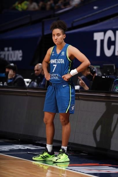 Layshia Clarendon of the Minnesota Lynx looks on during the game against the Las Vegas Aces on June 25, 2021 at Target Center in Minneapolis,...
