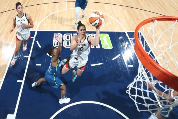 Kelsey Plum of the Las Vegas Aces shoots the ball against the Minnesota Lynx on June 25, 2021 at Target Center in Minneapolis, Minnesota. NOTE TO...