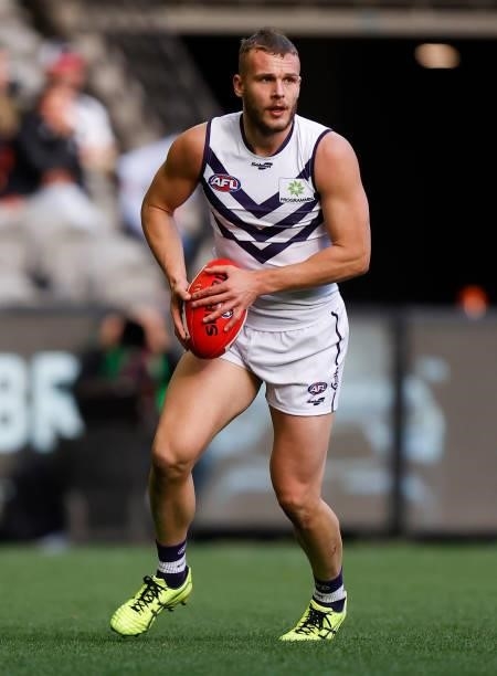 Brett Bewley of the Dockers in action during the 2021 AFL Round 15 match between the Collingwood Magpies and the Fremantle Dockers at Marvel Stadium...
