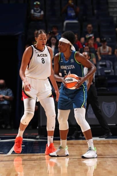 Sylvia Fowles of the Minnesota Lynx handles the ball against the Las Vegas Aces on June 25, 2021 at Target Center in Minneapolis, Minnesota. NOTE TO...