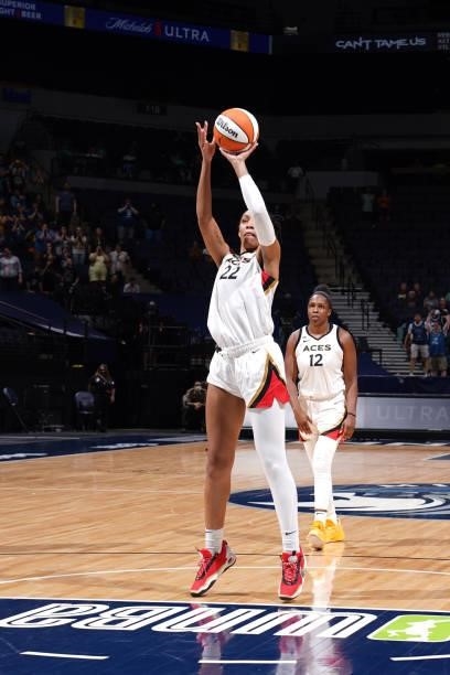 Ja Wilson of the Las Vegas Aces shoots the ball against the Minnesota Lynx on June 25, 2021 at Target Center in Minneapolis, Minnesota. NOTE TO USER:...