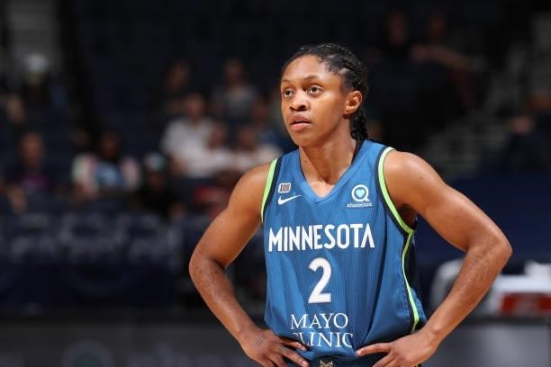Crystal Dangerfield of the Minnesota Lynx looks on during the game against the Las Vegas Aces on June 25, 2021 at Target Center in Minneapolis,...