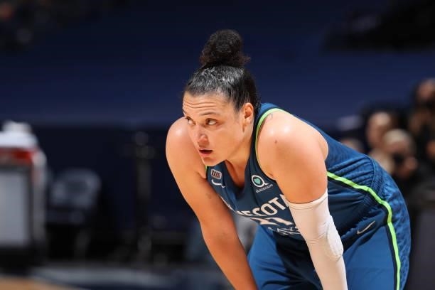 Kayla McBride of the Minnesota Lynx looks on during the game against the Las Vegas Aces on June 25, 2021 at Target Center in Minneapolis, Minnesota....