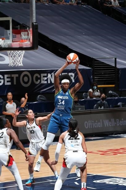 Sylvia Fowles of the Minnesota Lynx grabs the rebound against the Las Vegas Aces on June 25, 2021 at Target Center in Minneapolis, Minnesota. NOTE TO...