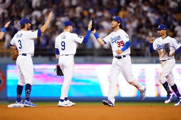 The Los Angeles Dodgers celebrate after the game between the Chicago Cubs and the Los Angeles Dodgers at Dodgers Stadium on Friday, June 25, 2021 in...
