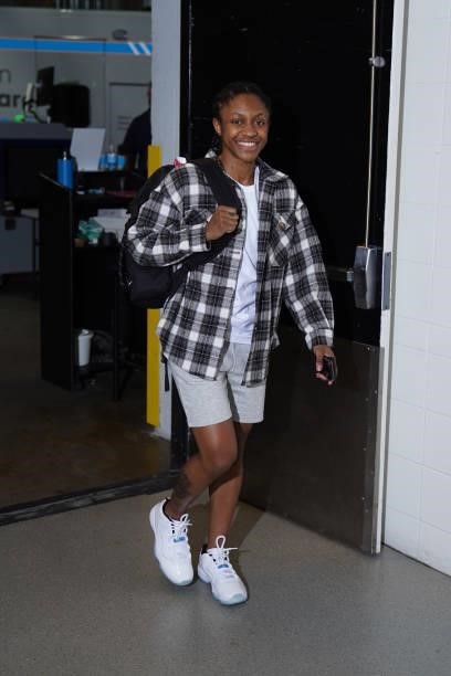Crystal Dangerfield of the Minnesota Lynx arrives to the game against the Las Vegas Aces on June 25, 2021 at Target Center in Minneapolis, Minnesota....