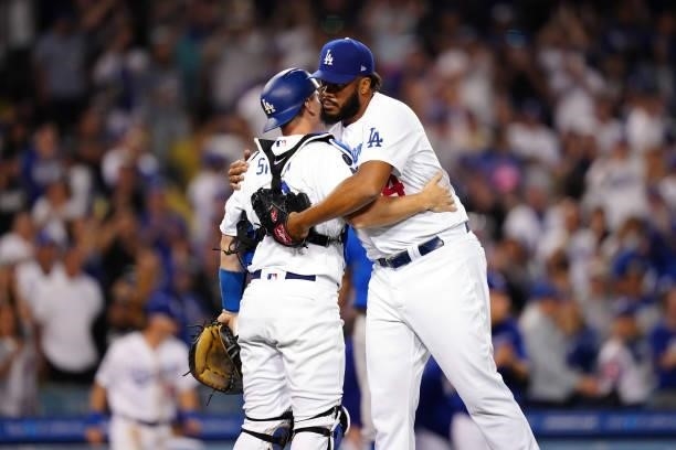 Will Smith of the Los Angeles Dodgers celebrates with Kenley Jansen after the game between the Chicago Cubs and the Los Angeles Dodgers at Dodgers...