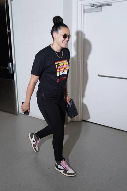 Kayla McBride of the Minnesota Lynx arrives to the game against the Las Vegas Aces on June 25, 2021 at Target Center in Minneapolis, Minnesota. NOTE...