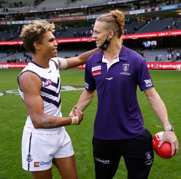 Liam Henry and Nat Fyfe of the Dockers celebrate during the 2021 AFL Round 15 match between the Collingwood Magpies and the Fremantle Dockers at...