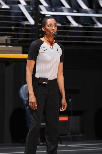 Referee, Angelica Suffren looks on during the game between the Las Vegas Aces and the Minnesota Lynx on June 25, 2021 at Target Center in...