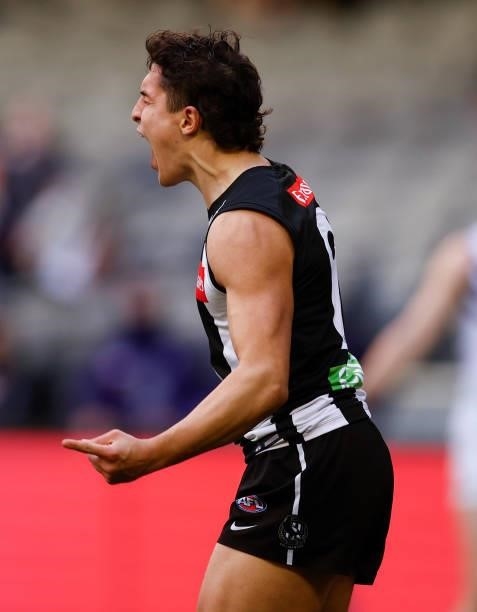 Trent Bianco of the Magpies celebrates a goal during the 2021 AFL Round 15 match between the Collingwood Magpies and the Fremantle Dockers at Marvel...