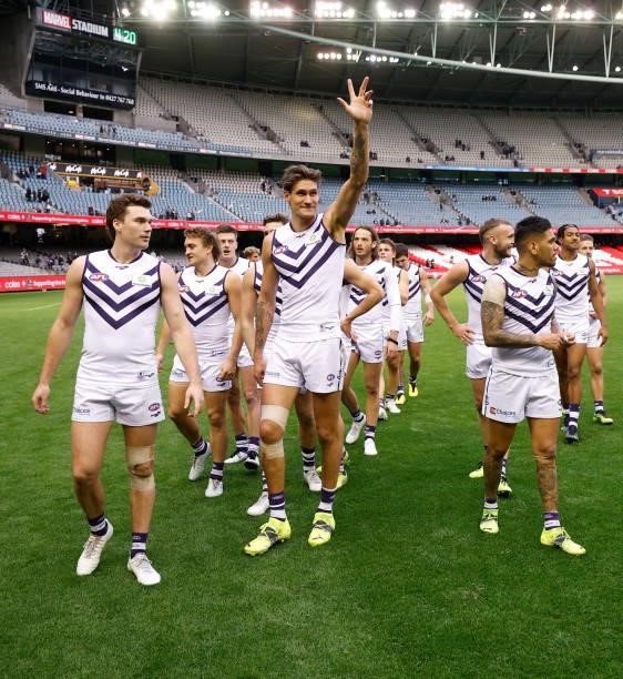 The Dockers celebrate during the 2021 AFL Round 15 match between the Collingwood Magpies and the Fremantle Dockers at Marvel Stadium on June 26, 2021...