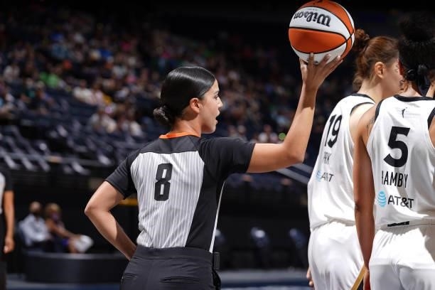 Referee, Blanca Burns holds the ball during the game between the Las Vegas Aces and the Minnesota Lynx on June 25, 2021 at Target Center in...