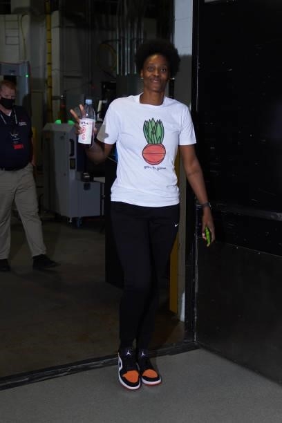 Sylvia Fowles of the Minnesota Lynx arrives to the game against the Las Vegas Aces on June 25, 2021 at Target Center in Minneapolis, Minnesota. NOTE...