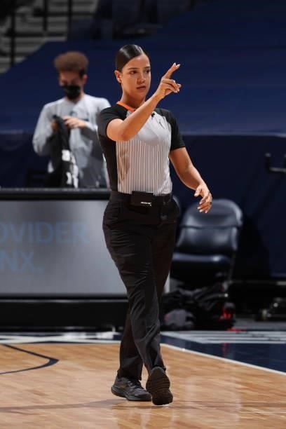 Referee, Blanca Burns makes a call during the game between the Las Vegas Aces and the Minnesota Lynx on June 25, 2021 at Target Center in...