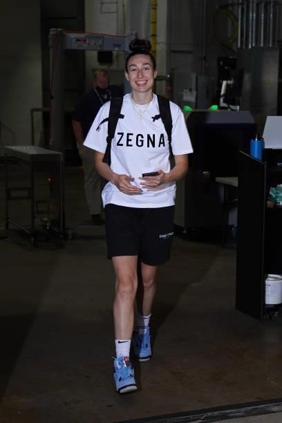 Jessica Shepard of the Minnesota Lynx arrives to the game against the Las Vegas Aces on June 25, 2021 at Target Center in Minneapolis, Minnesota....