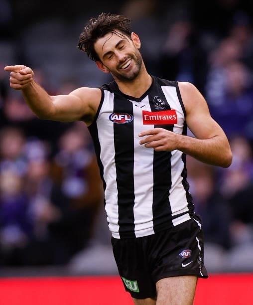 Brodie Grundy of the Magpies celebrates a goal during the 2021 AFL Round 15 match between the Collingwood Magpies and the Fremantle Dockers at Marvel...