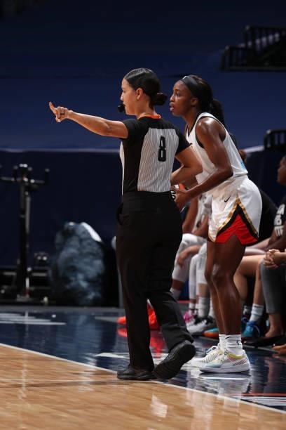 Referee, Blanca Burns signals during the game between the Las Vegas Aces and the Minnesota Lynx on June 25, 2021 at Target Center in Minneapolis,...