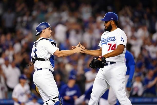 Will Smith of the Los Angeles Dodgers celebrates with Kenley Jansen after the game between the Chicago Cubs and the Los Angeles Dodgers at Dodgers...