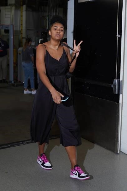 Damiris Dantas of the Minnesota Lynx arrives to the game against the Las Vegas Aces on June 25, 2021 at Target Center in Minneapolis, Minnesota. NOTE...