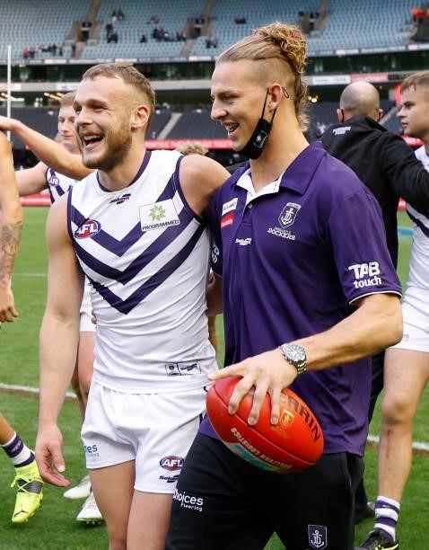Brett Bewley and Nat Fyfe of the Dockers celebrate during the 2021 AFL Round 15 match between the Collingwood Magpies and the Fremantle Dockers at...
