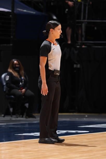 Referee, Blanca Burns looks on during the game between the Las Vegas Aces and the Minnesota Lynx on June 25, 2021 at Target Center in Minneapolis,...