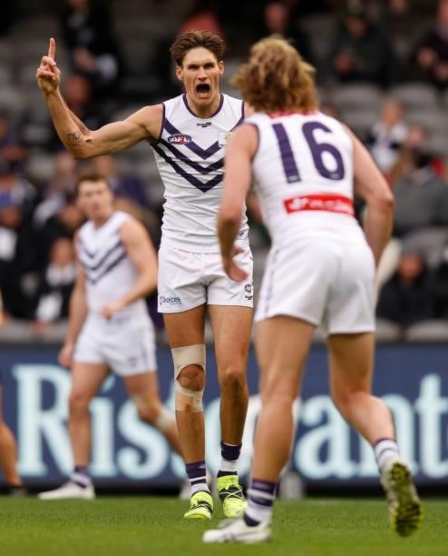 Rory Lobb of the Dockers celebrates a goal during the 2021 AFL Round 15 match between the Collingwood Magpies and the Fremantle Dockers at Marvel...