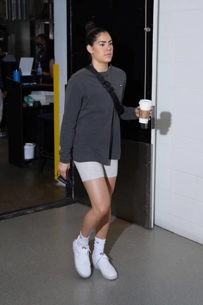 Kelsey Plum of the Las Vegas Aces arrives to the game against the Minnesota Lynx on June 25, 2021 at Target Center in Minneapolis, Minnesota. NOTE TO...