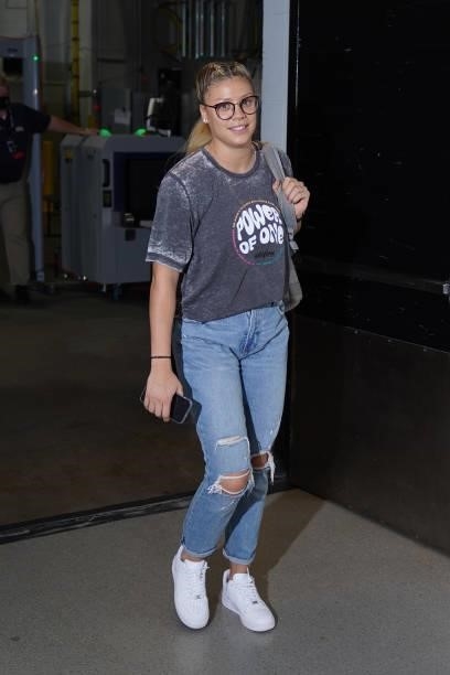 Rachel Banham of the Minnesota Lynx arrives to the game against the Las Vegas Aces on June 25, 2021 at Target Center in Minneapolis, Minnesota. NOTE...