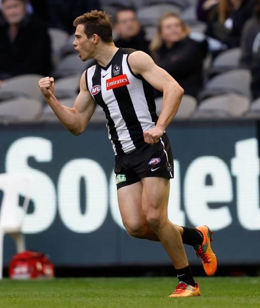 Josh Thomas of the Magpies celebrates a goal during the 2021 AFL Round 15 match between the Collingwood Magpies and the Fremantle Dockers at Marvel...